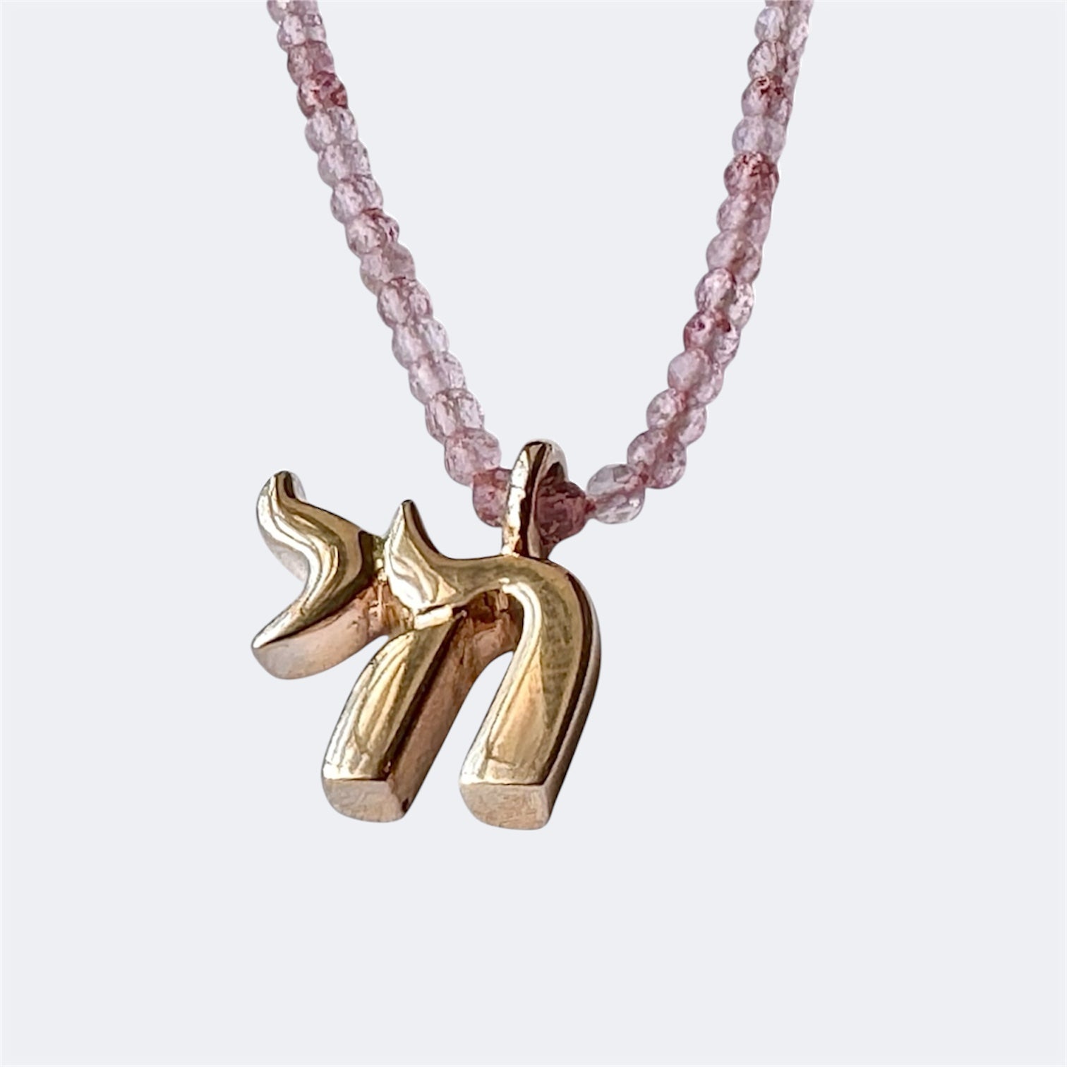 Small Bronze Chai Pendant With Rose Quartz Beads