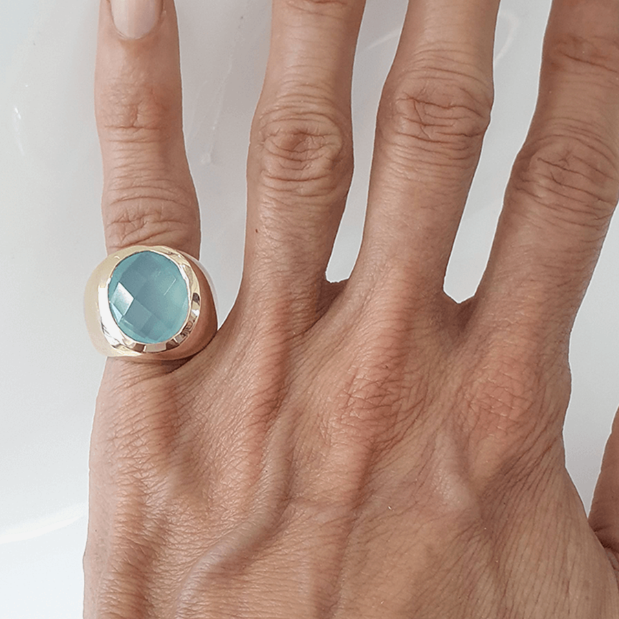 Blue Chalcedony Pinky Ring in Bronze