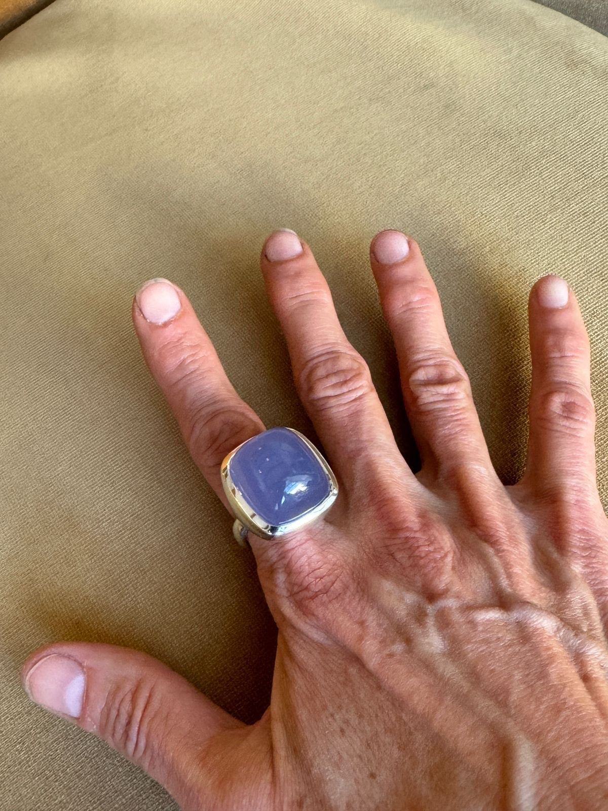 Blue Chalcedony Rectangular Cushion Cut Sterling Silver Ring