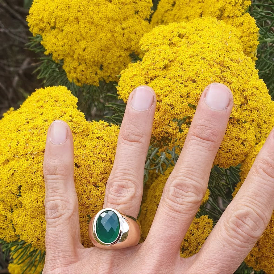 Green Onyx Pinky Ring in Bronze