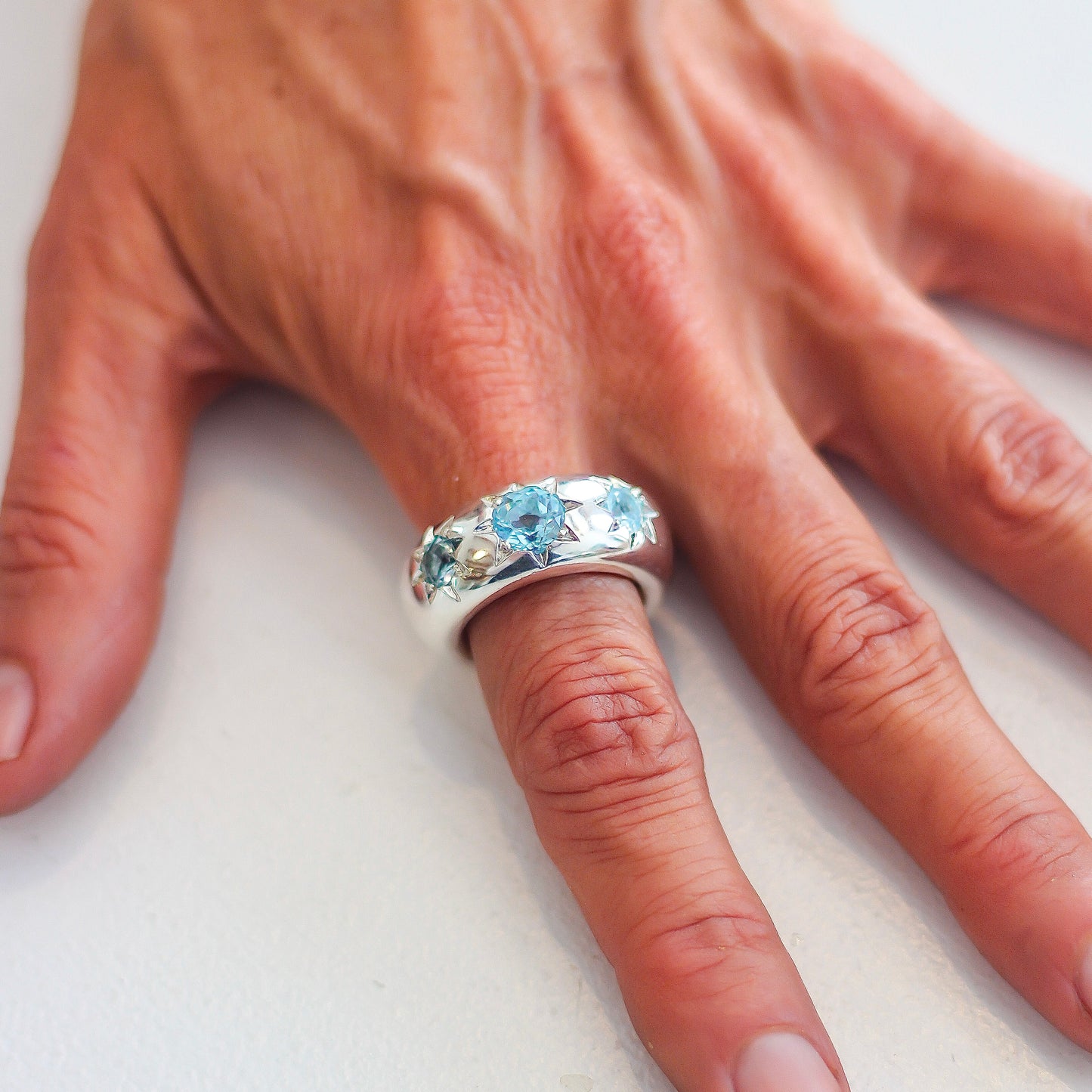 10mm Organic Sterling Silver Star Ring With Sky Blue Topaz