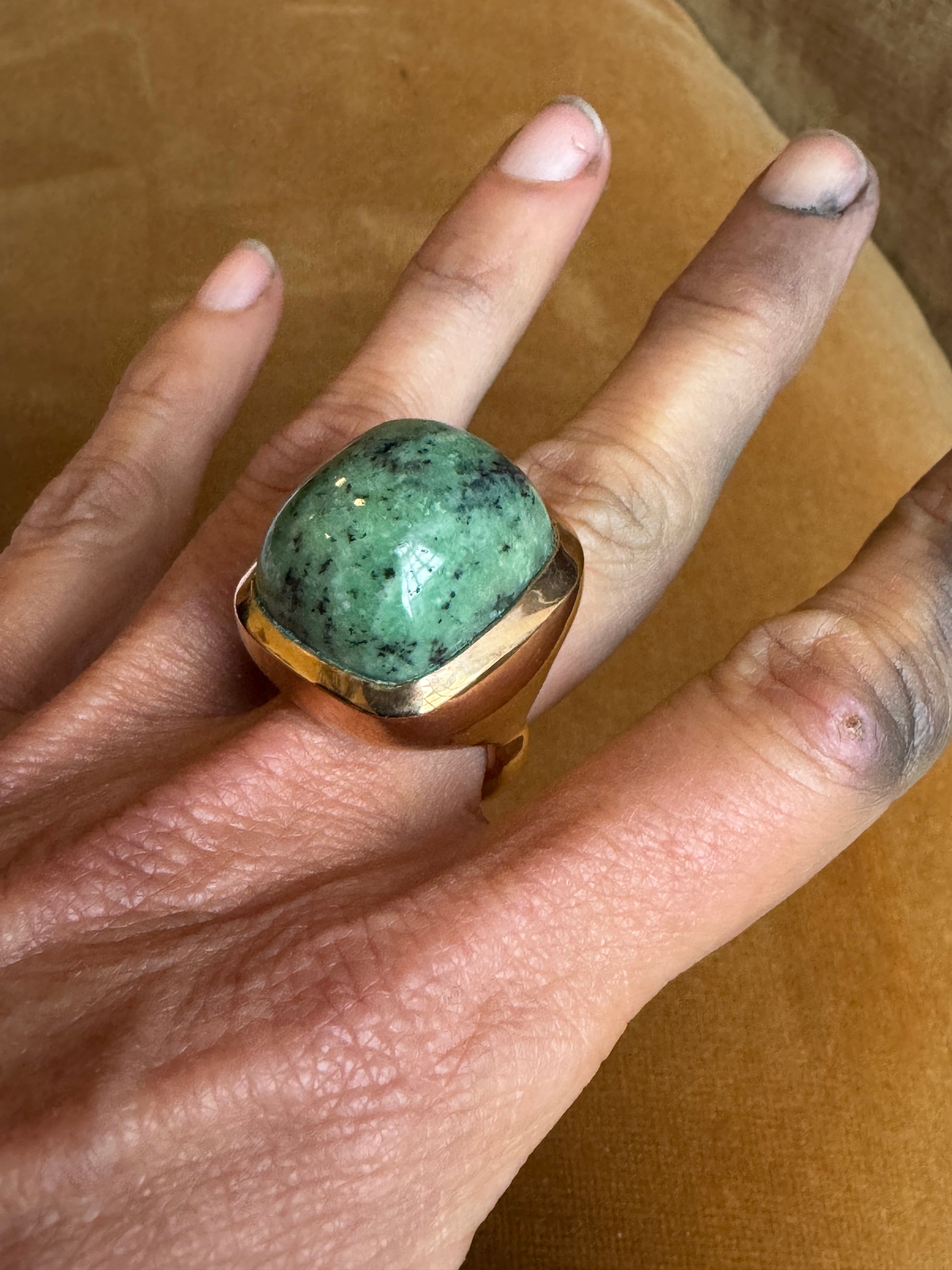 Speckled Jade Rectangular Cushion Cut Bronze Ring