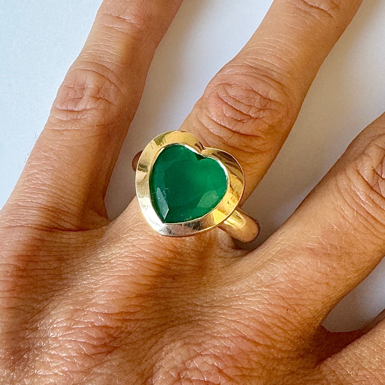 Green Onyx Big Heart Ring in Bronze