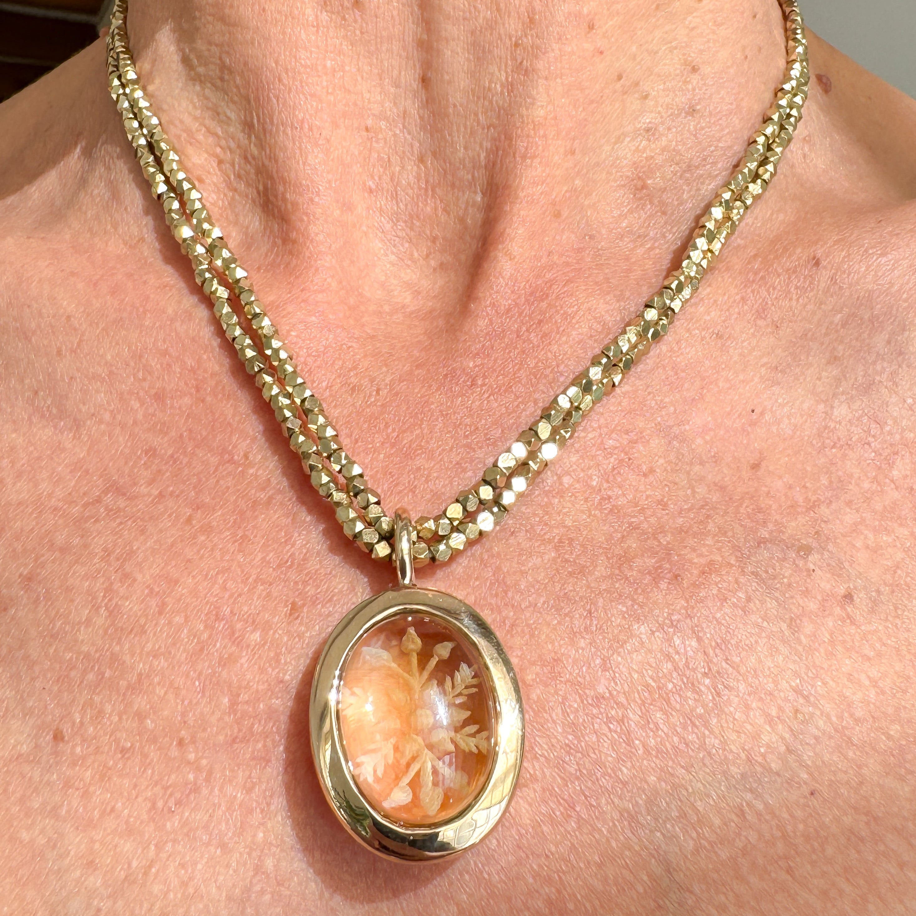 Carved Citrine Bronze Pendant with African Brass Beads
