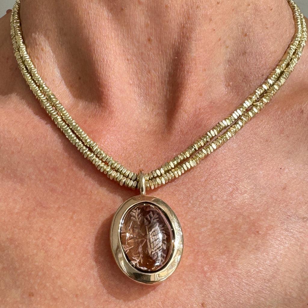 Carved Smoky Quartz Bronze Pendant with African Brass Beads