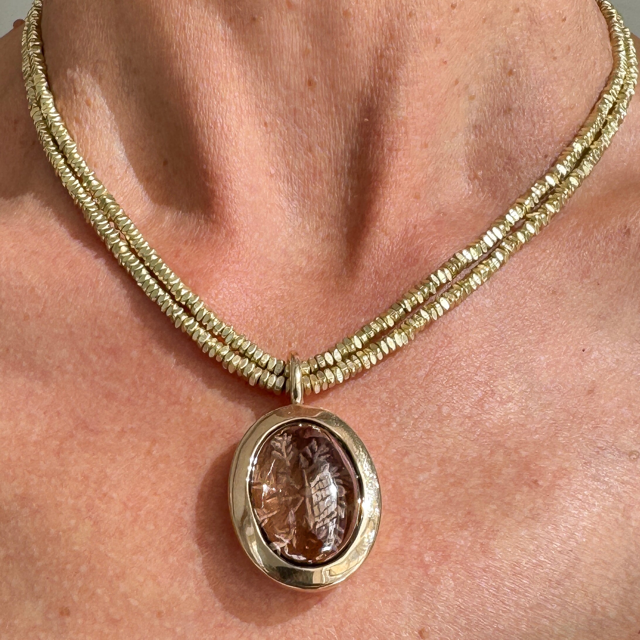 Carved Smoky Quartz Bronze Pendant with African Brass Beads
