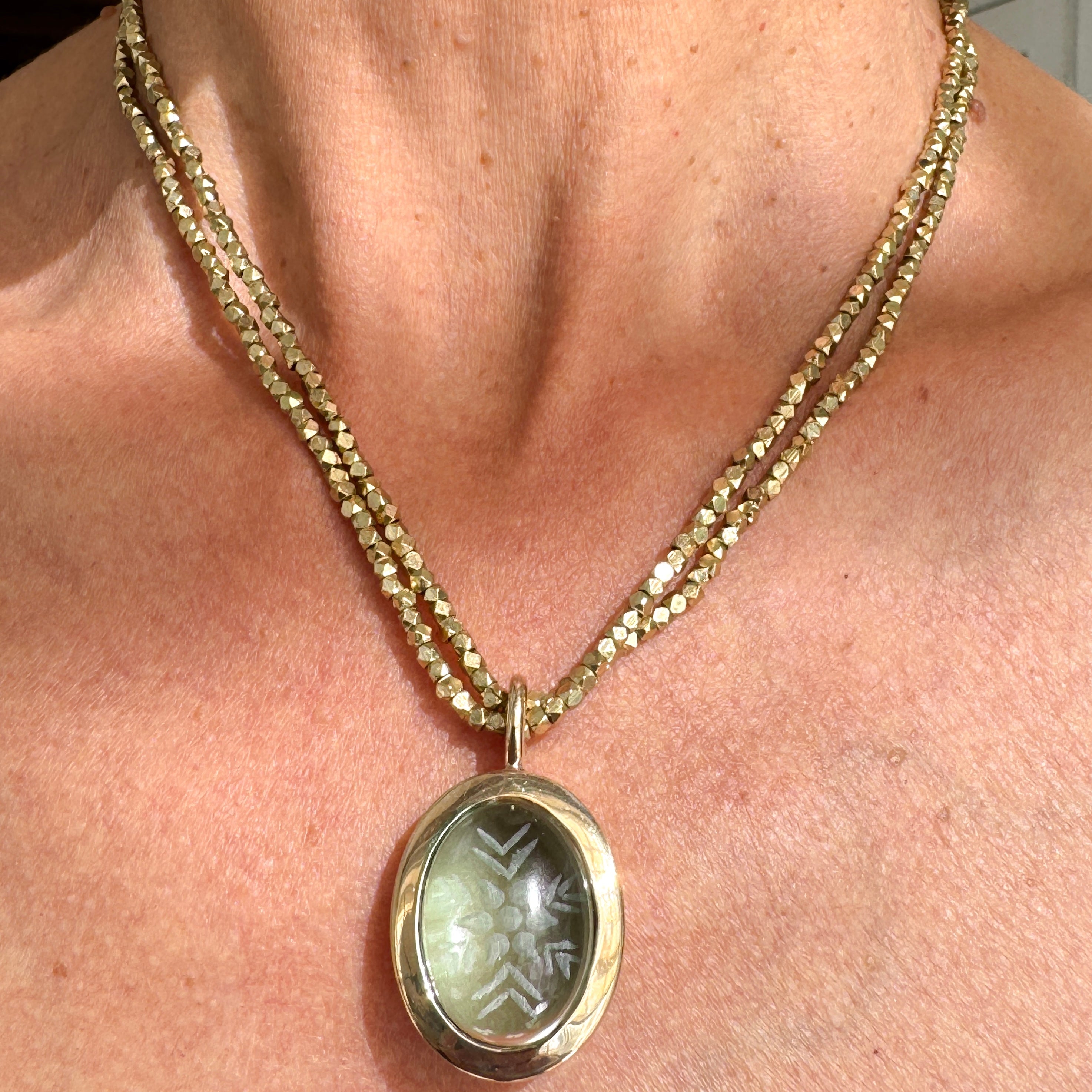 Carved Prasiolite Bronze Pendant with African Brass Beads