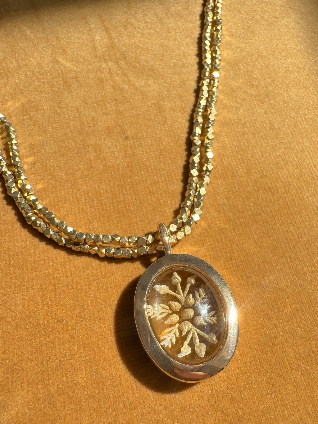 Carved Citrine Bronze Pendant with African Brass Beads