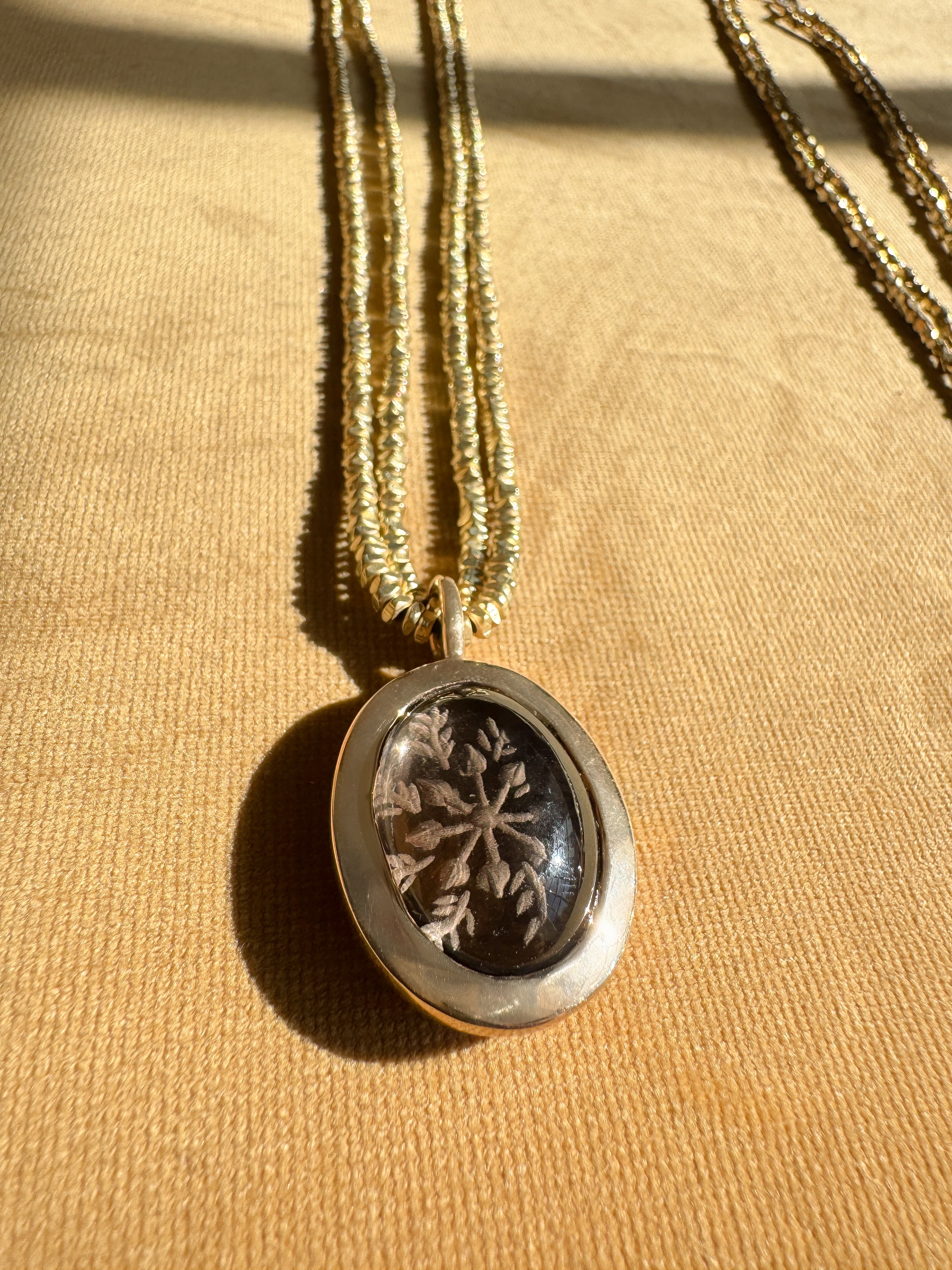 Carved Smoky Quartz Bronze Pendant with African Brass Beads