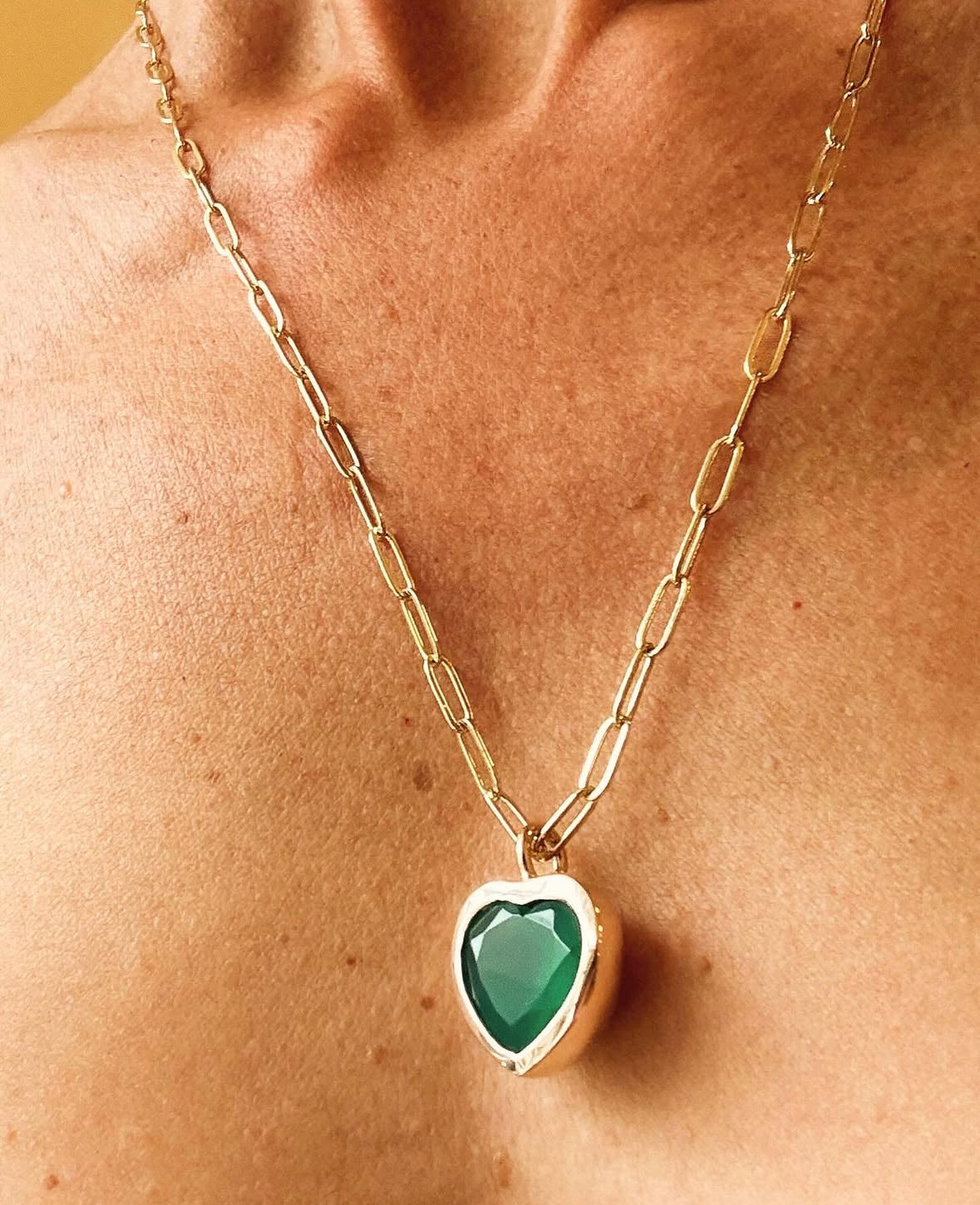 Big Green Onyx Heart Pendant in Bronze