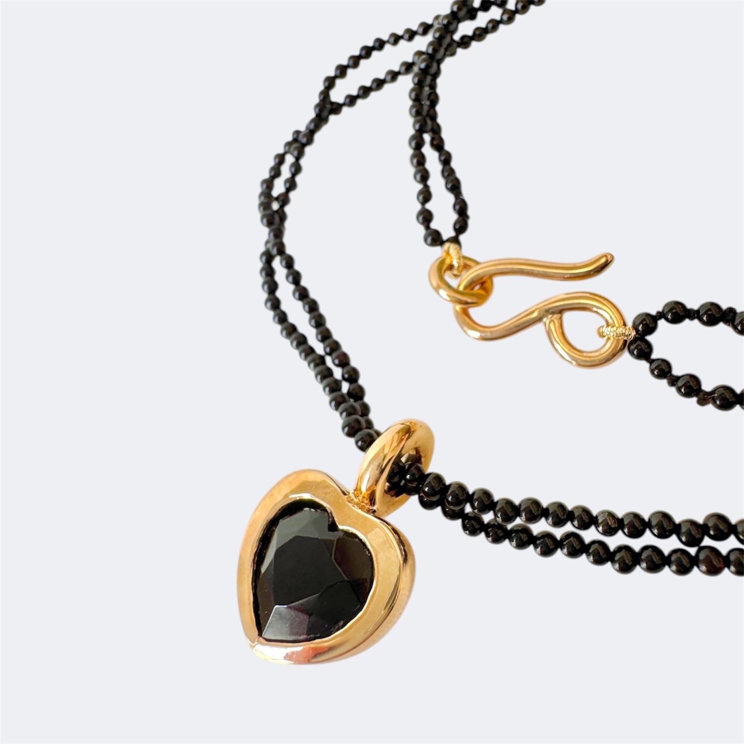 Black Onyx Small Heart Pendant in Bronze with Black Spinel Double Strand Beads