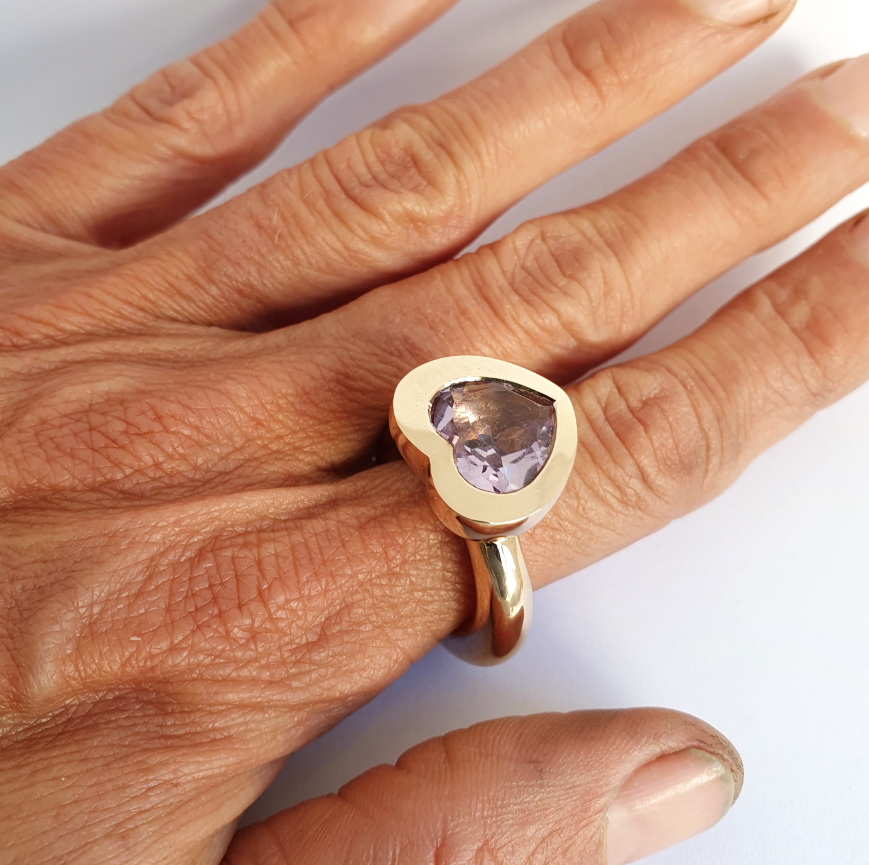 Pink Amethyst Small Heart Ring in Bronze
